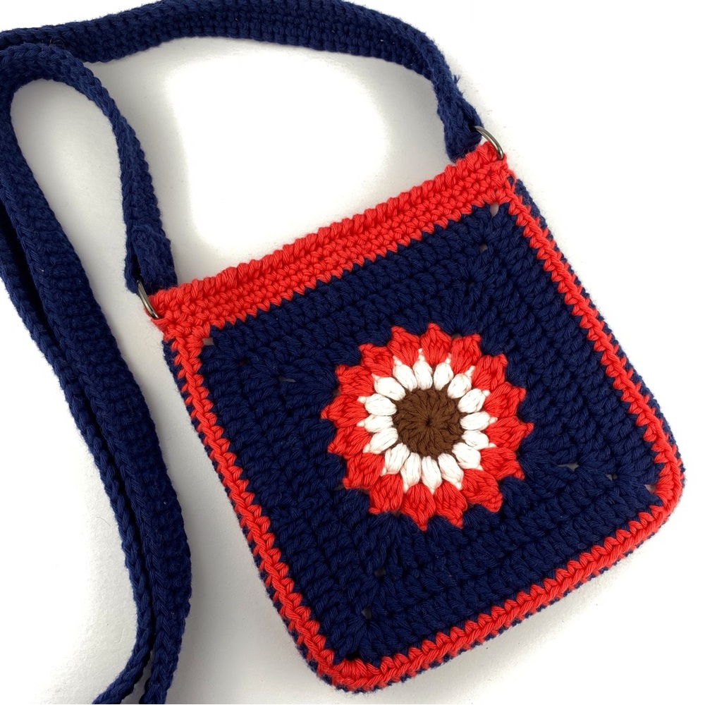 Crochet sunflower small crossbody bag, lined, handmade 6.5"  pouch, phone bag
